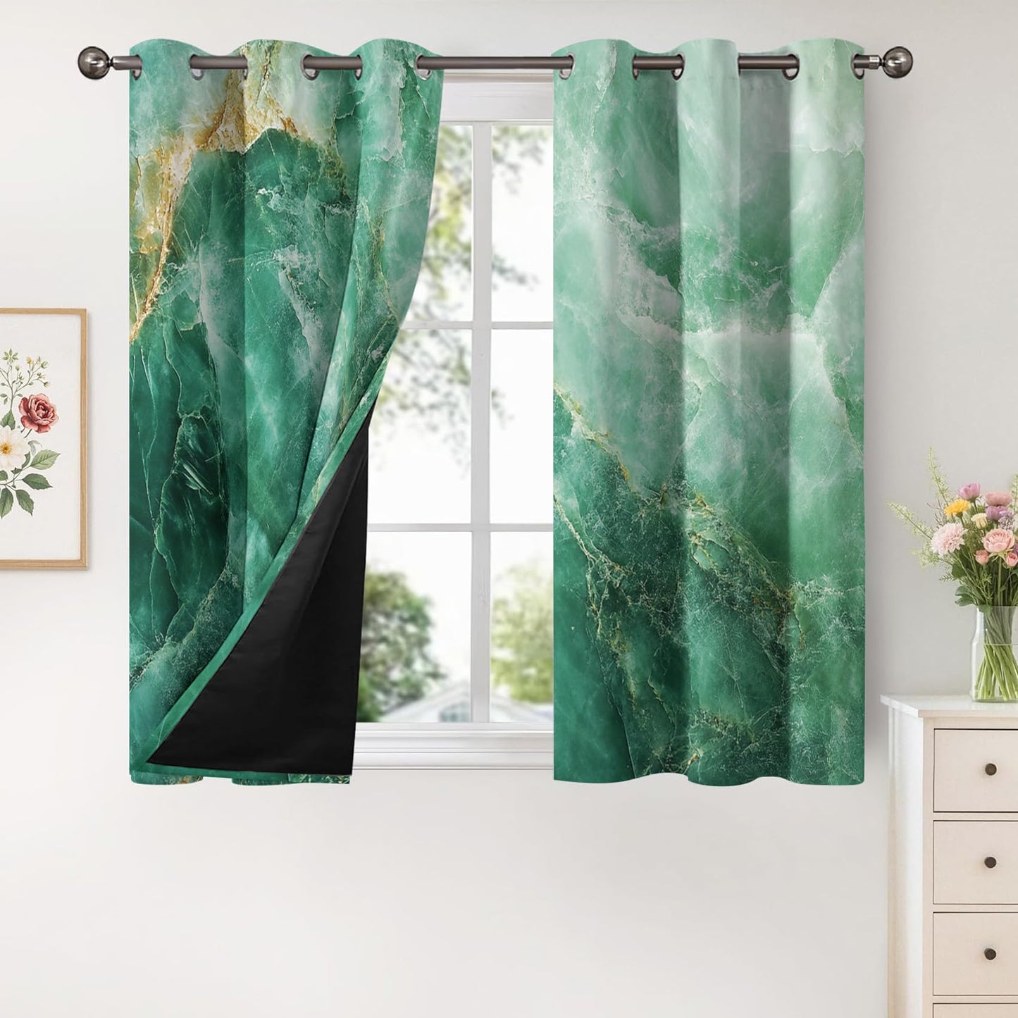 MOBEITI Green and Gold Marble Curtains - Abstract Window Curtains, Fluid Art Swirl Curtain for Bedroom Living Room, Marble Blackout Curtain 54 Inches Long, Home Decor Drapes 2 Panel Sets