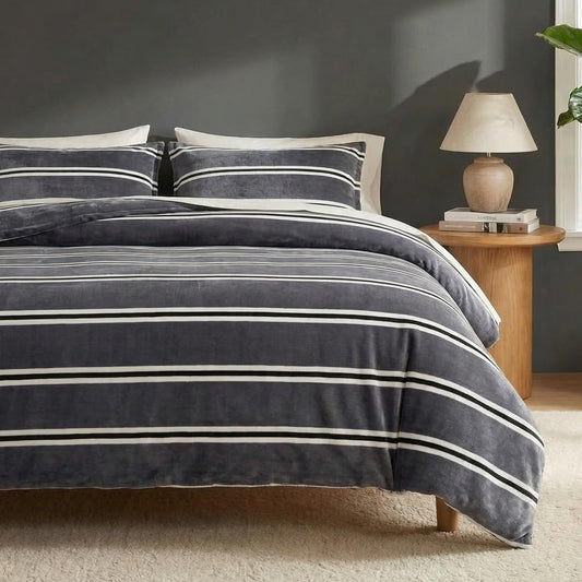 Bedbay Grey Striped Bedding Comforter Set King Size Luxury Velvet Fleece Comforter Set 3 Pcs Fluffy Plush Flannel Bedding Set Cozy Reversible Fleece Soft Warm Shaggy Faux Fur Bed Set All Season