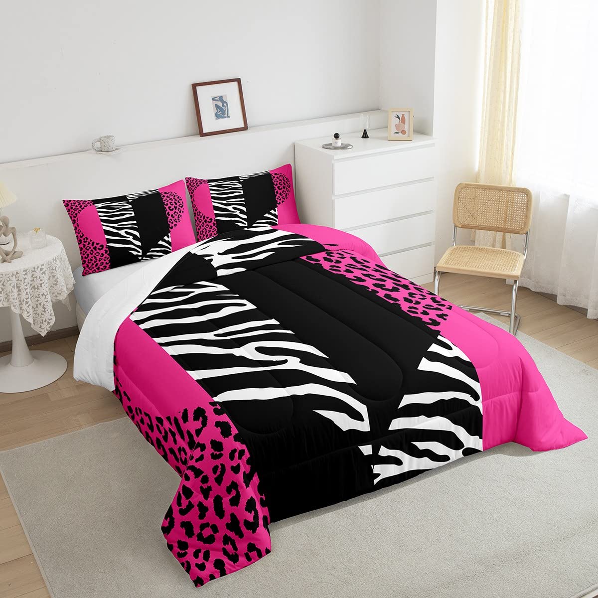 Pink Leopard Comforter Set Twin Size Girls Cute Zebra Heart Bedding Set 2pcs Geometric Patchwork Stripes Quilted Duvet for Women Teens Room Decor Romantic Wild Animals Fur Bedspread,1 Pillowcase