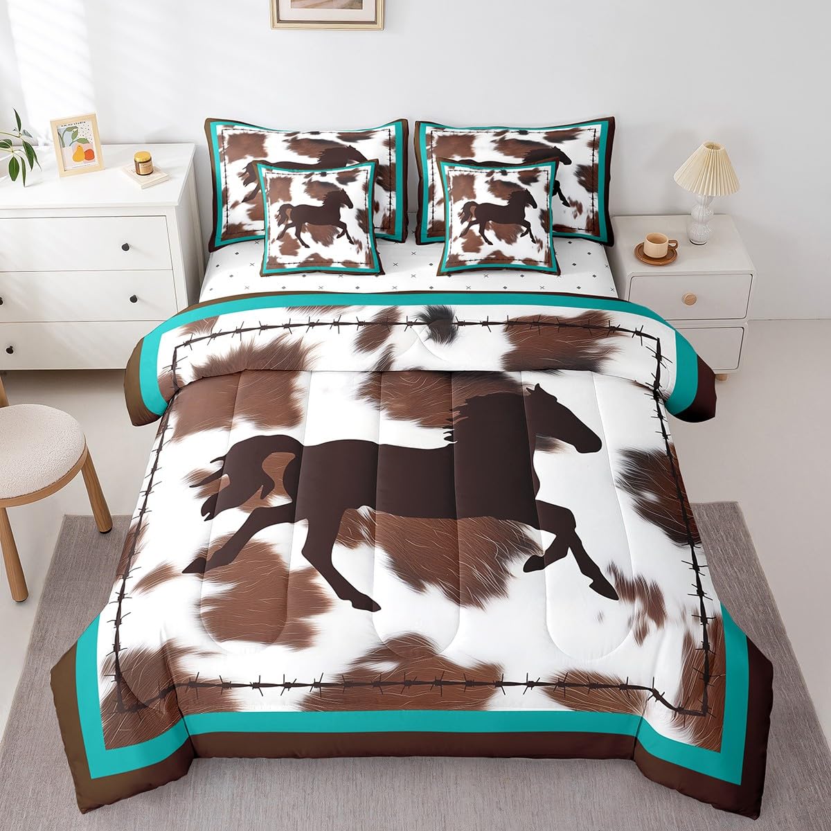 Feelyou Horse 7 Piece Bedding Set 7 Piece Bedding Set Rustic Western Cowboy Cowhide Print Comforter Cover Bedroom Decor Retro Farmhouse Horse Teal Blue Brown Queen Size