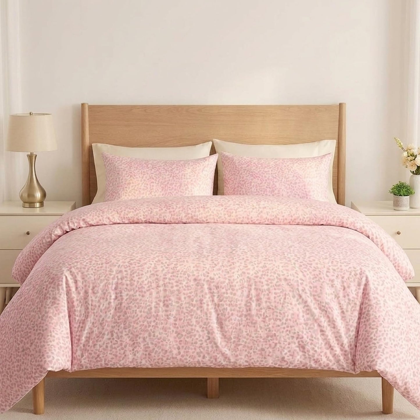 Cozaline 100% Cotton Duvet Cover King Size, Pink Leopard Print Bedding Set with Zipper Closure, African Wildlife Animal Skin Cheetah Print Comforter Cover with 2 Pillowcases for Women Men