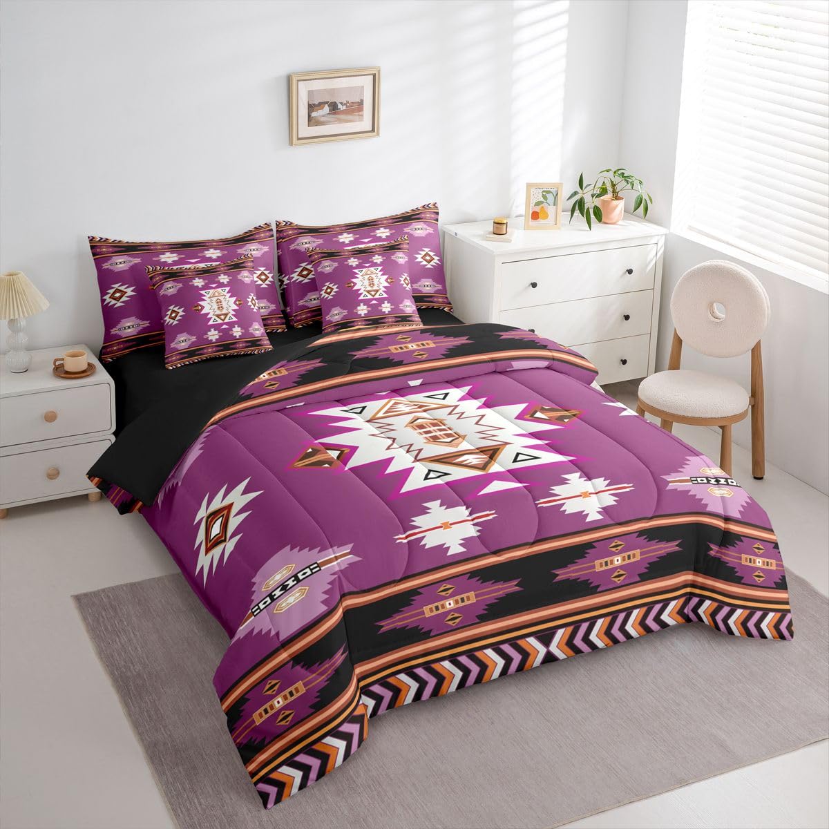 Erosebridal Western Comforter Set 7 Piece Bed in a Bag Twin | Bohemian Decor Geometric Bedding Sets Boho Aztec Comforter and Sheet Set, Ethnic Tribal Arrow Bed Sets,Purple