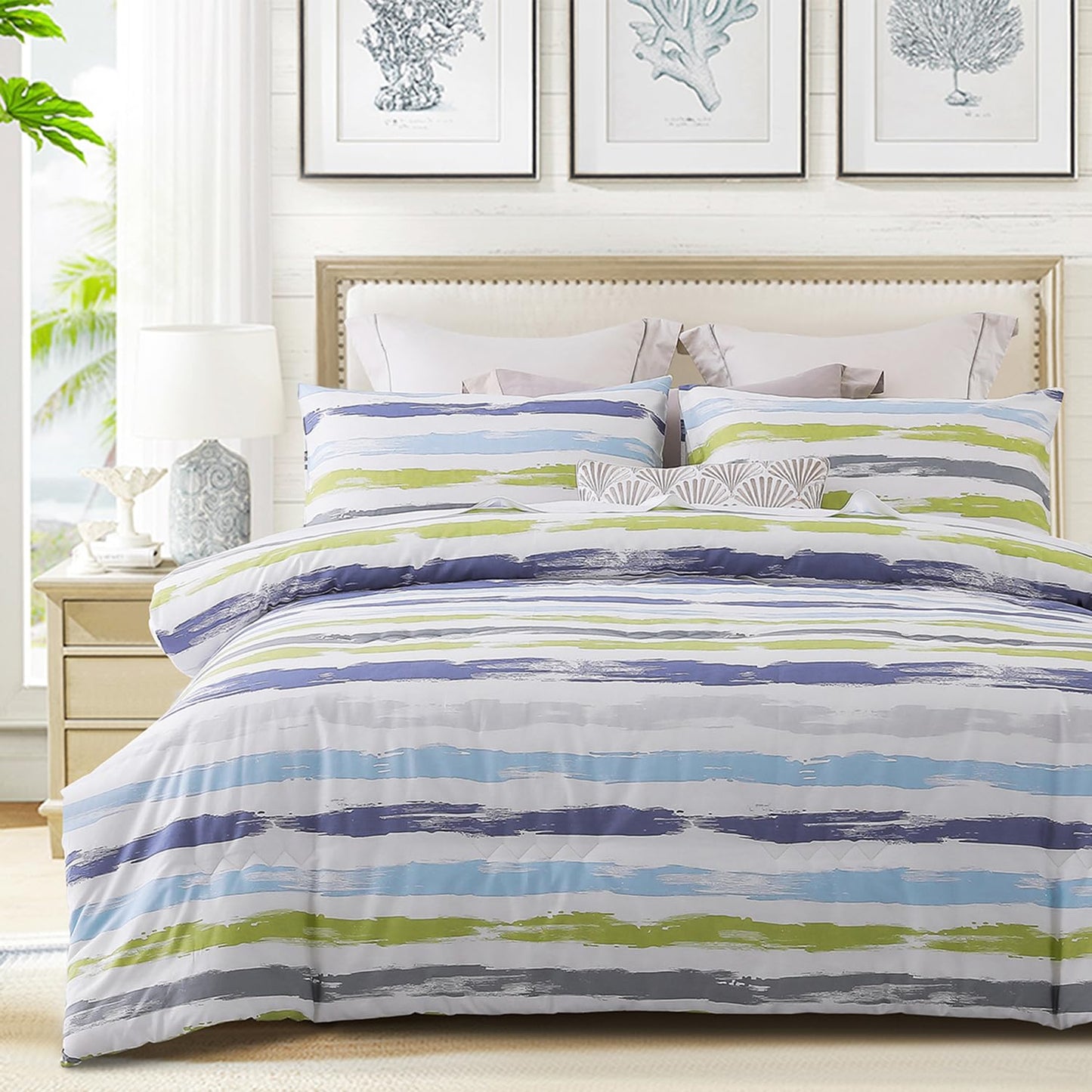 SLEEPBELLA Comforter King Size, 600 Thread Count Cotton Grey Branch with Yellow Turquoise Polka Dot Pattern Green Reversible Comforter Set,Down Alternative Bedding Set 3Pcs(King, Grey Branch)
