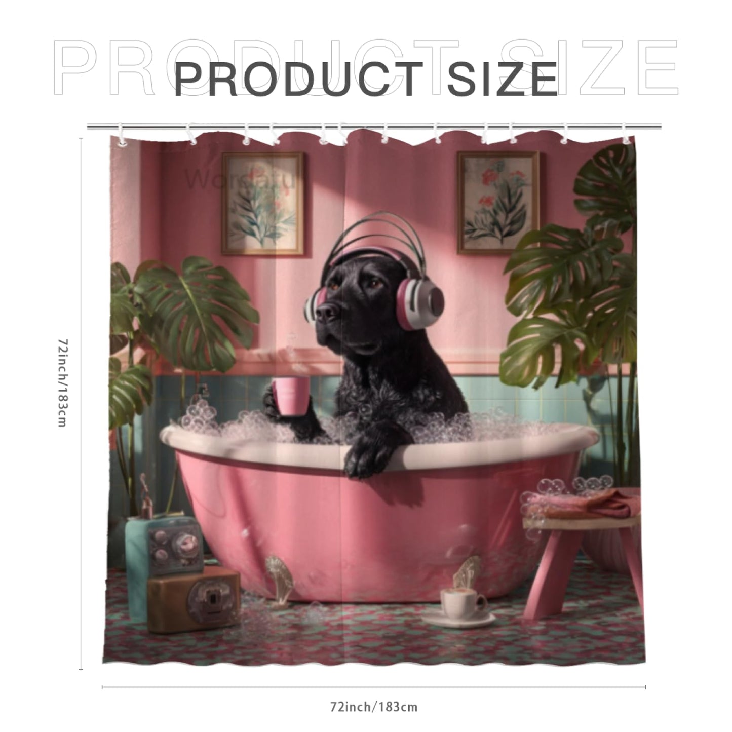 Wordatu Black Labrador Dog Shower Curtain Kids Cute Fun Pet in Bathtub Tropical Leaves Palm Leaf Plant Greenery Bathroom Decor Fabric Polyester Waterproof 72x72 Inch