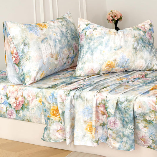 Zusbest Queen Sheet Set Luxury Floral Bed Sheets 100% Cotton, Satin Weave Soft Breathable for Hot Sleepers Romantic Peony Flowery Printed Cottagecore Bedding Deep Pocket Fitted Sheet 17.5‘', 4Pcs