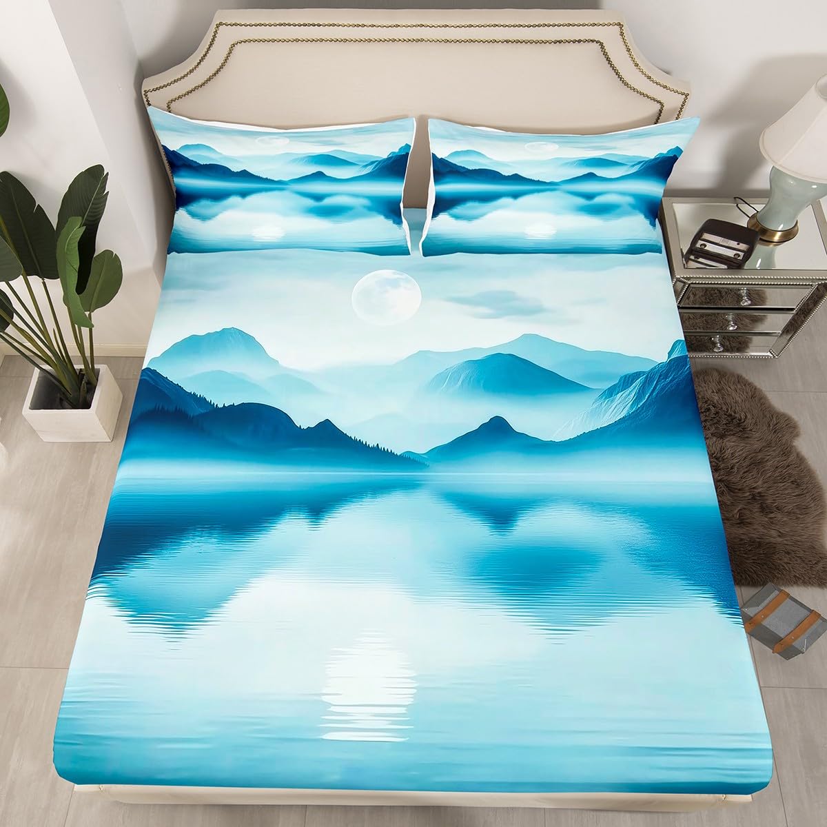 Feelyou Smoky Mountain Bedding Sheets Full Foggy Scenic Bed Sheet Set for Adult Kids Teal Blue Fitted Sheet Natural Landscape Bed Cover 3Pcs,1 Fitted Sheet+2 Pillow Sham（No Flat Sheet）