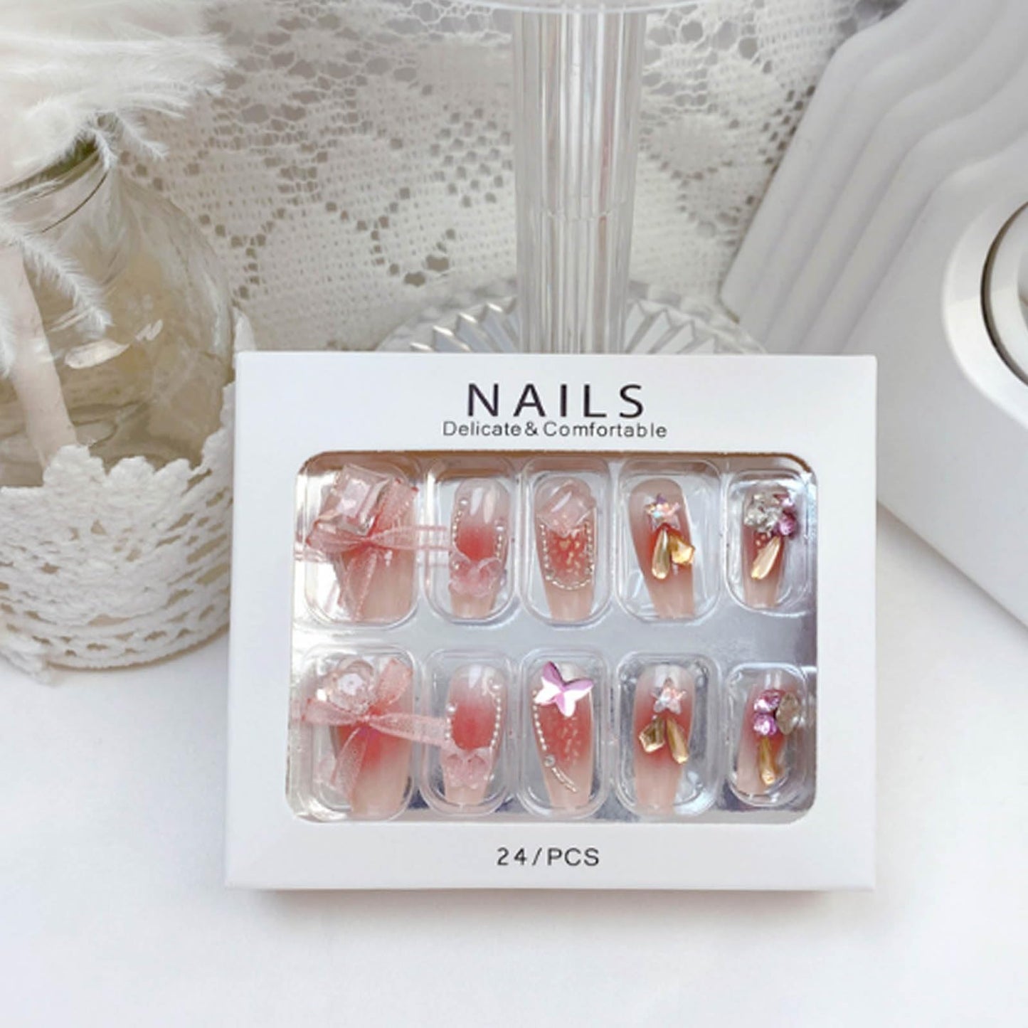 Hkanlre 3D Press on Nails Medium Fake Coffin Nails Tips Full Cover Luxury False Nails for Women and Girls 24PCS