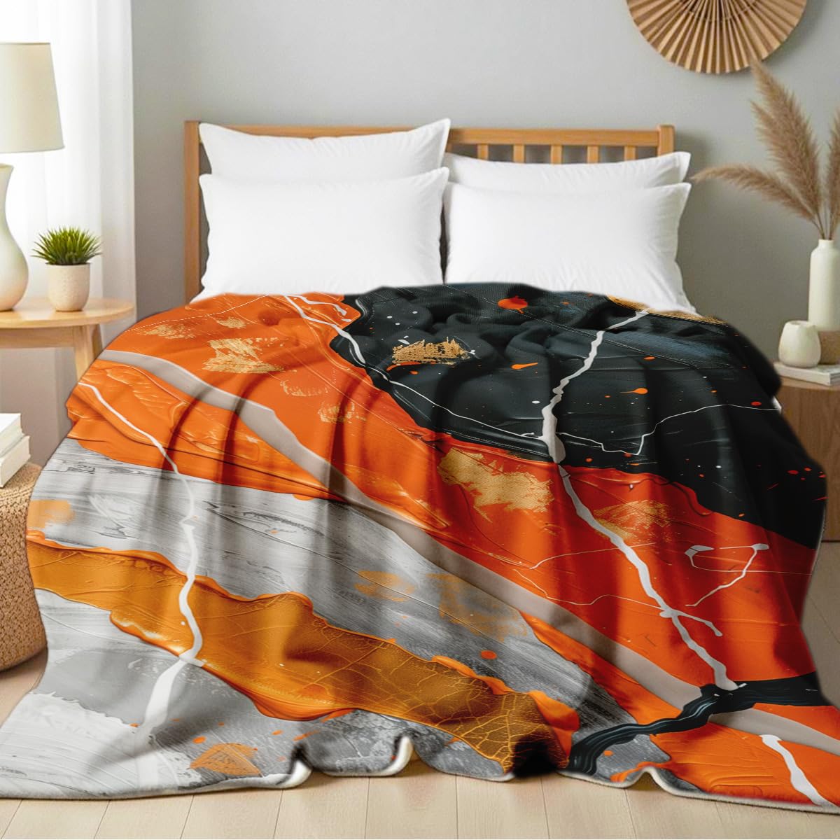 HUNXIAOJ Orange Blanket Throw for Couch Bed Abstract Print Blanket Soft Flannel Bedding Modern Bedroom Home Decor (49"x59")