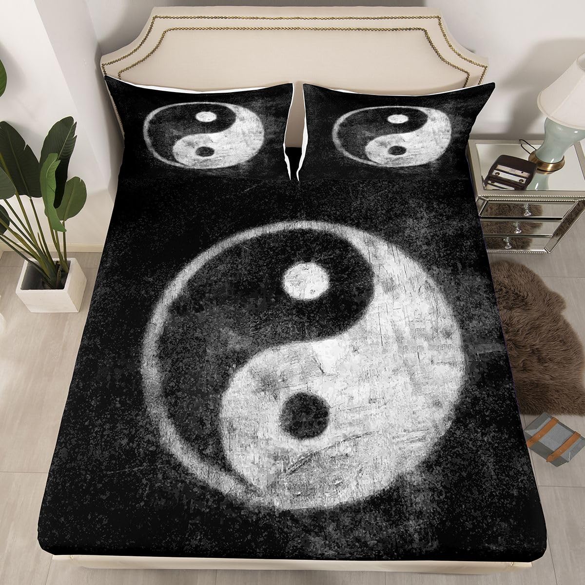 Yin Yang Bedding Set for Girls Boys Children Boho Trippy Psychedelic Art Fitted Sheet Decorative Gossip Pattern Bed Sheet Set Traditional Ying Yang Theme Bed Cover No Flat Sheet Twin Size 2Pcs