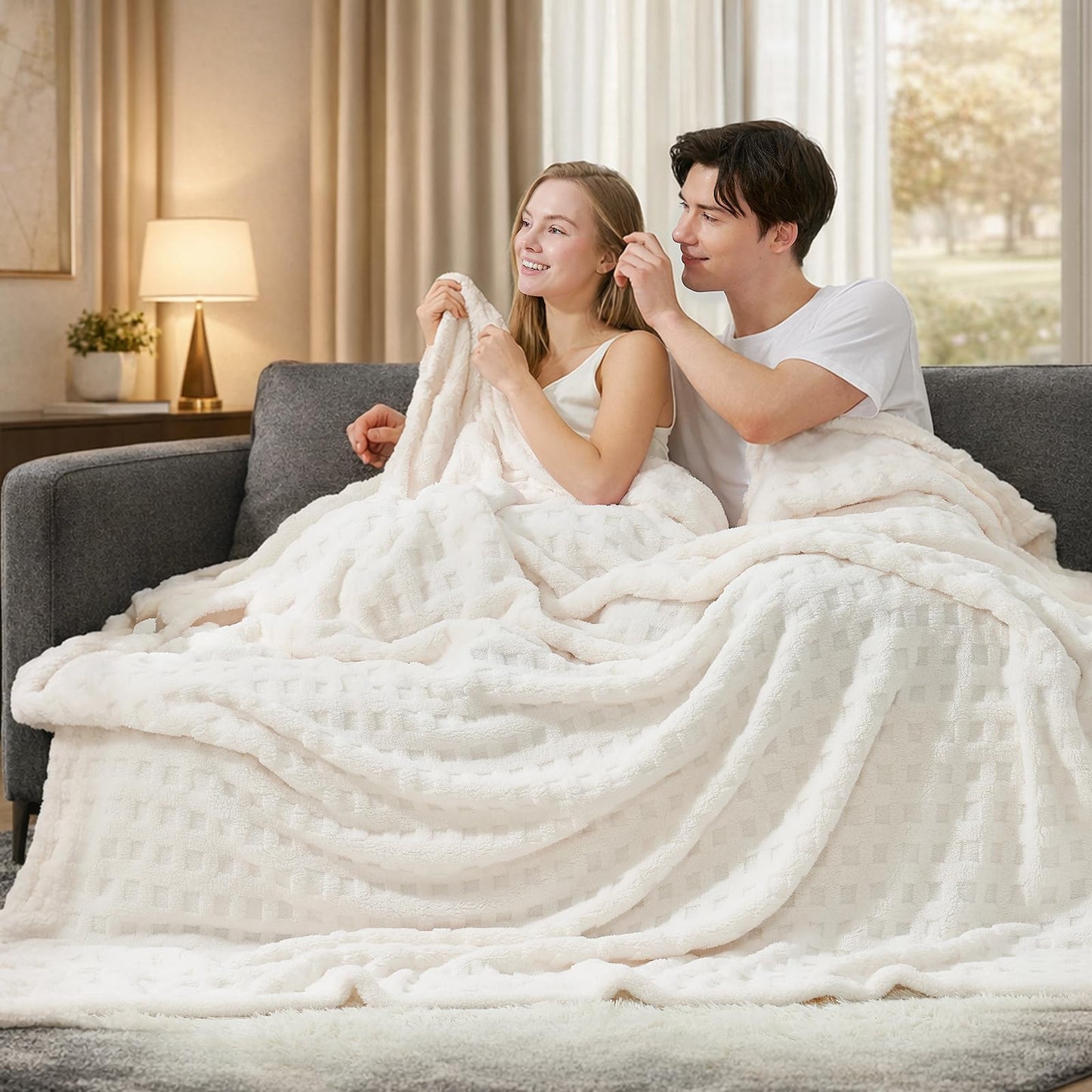 Cozy Bliss Ultrasoft Waffle Throw Blanket, Fluffy Cute Plush Blanket for Couch, Bed, Modern Home Accent, Portable for Picnic or Outdoor, Ivory, 66"x90"