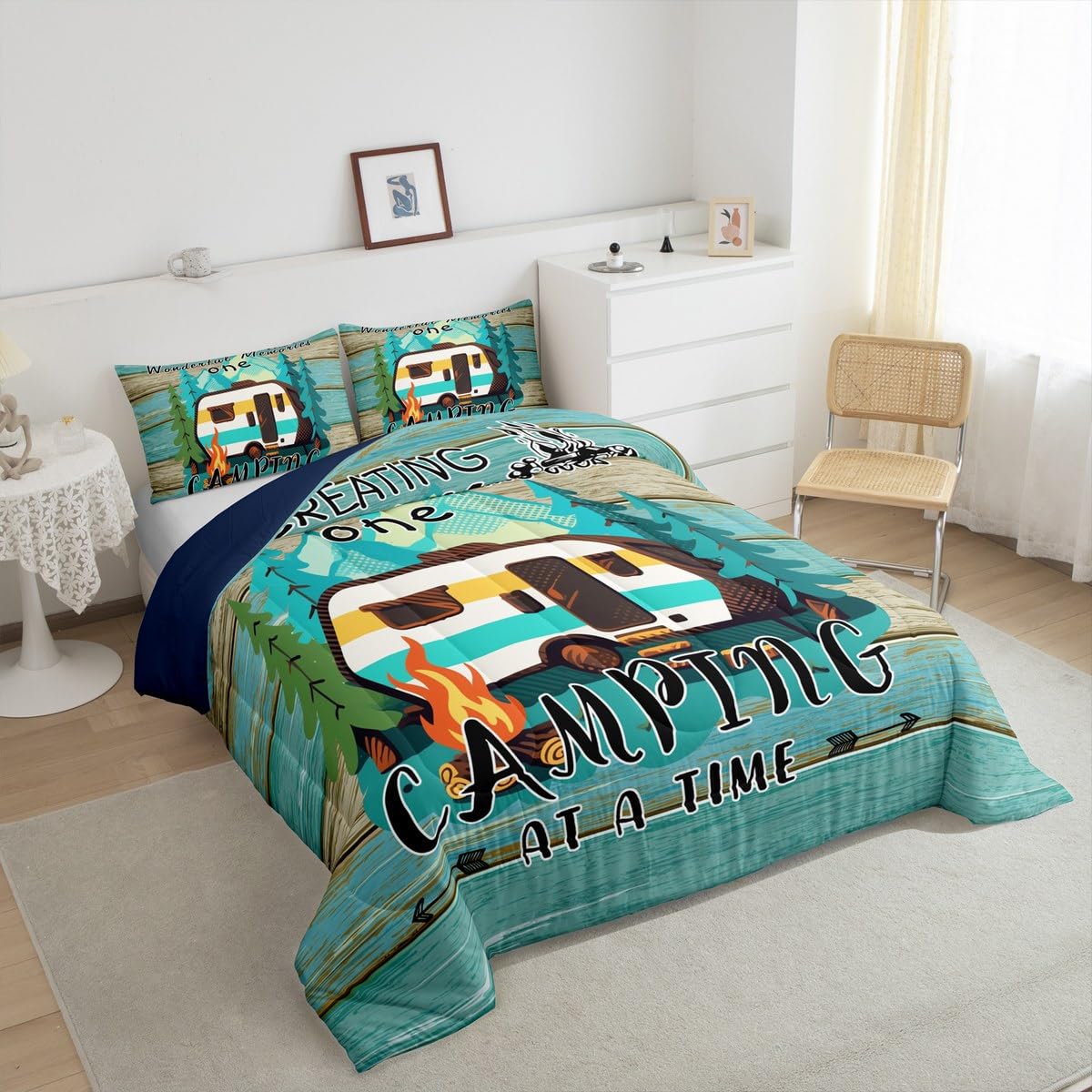 Erosebridal Rv Camper Comforter Set for Kids Boys Girls Happy Camping Life Bedding Farmhouse Wooden Style Duvet Set Travel Trailers Comforter King with 2 Pillowcases