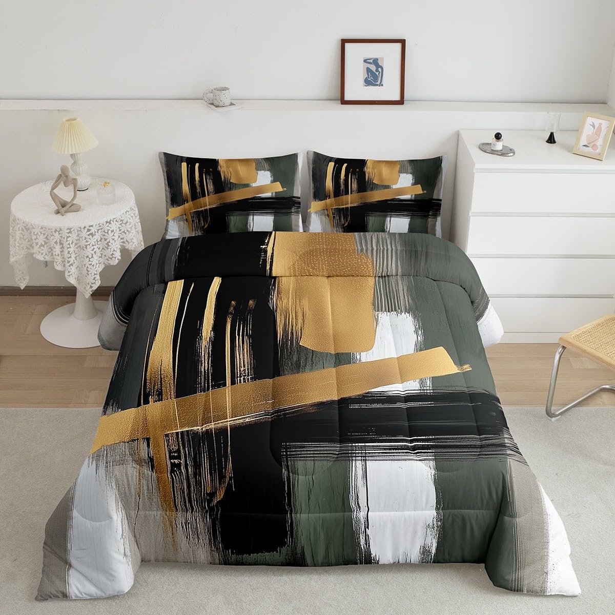 Feelyou Kids Abstract Art Comforter Set Queen Size Geometric Duvet Quilt for Boys Girls Teens Gold Modern Art Bedding Set Bedroom Decor Breathable Soft Lightweight Microfiber 3Pcs