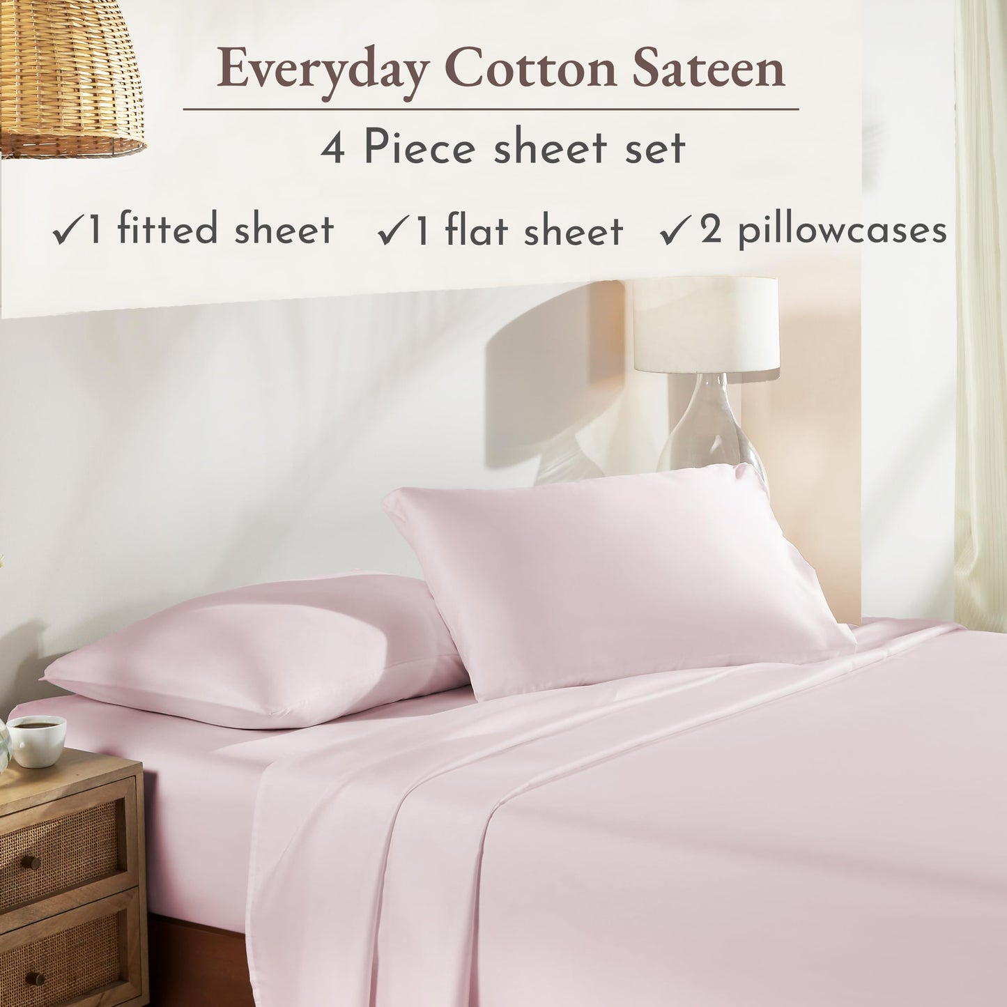 California Design Den Queen Sheet Set - Natural 100% Cotton Bed Sheets Queen Size Bed Set with Deep Pockets, Soft Sateen Weave, Breathable and Durable Bedding (Pink)