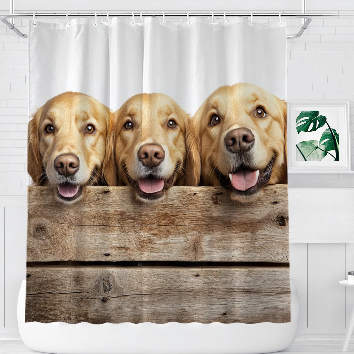 KEEPAEON Golden Retriever Shower Curtain Farmhouse Western Rustic Shower Curtain for Bathroom Set Wooden Retro Fabric Shower Curtain for Bathtub 72x72 Inch with Hooks