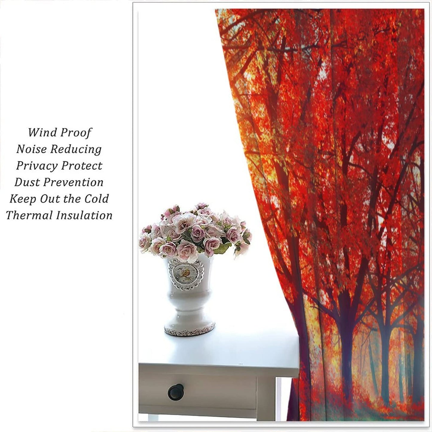 Tree Curtains - Autumn Foggy Park Autumn Nature Scenery Forest Maple Tree Sunshine, Living Room Bedroom Kitchen Decorative Curtains 2 Sets Panel, 42x45 Inch. Orange Yellow