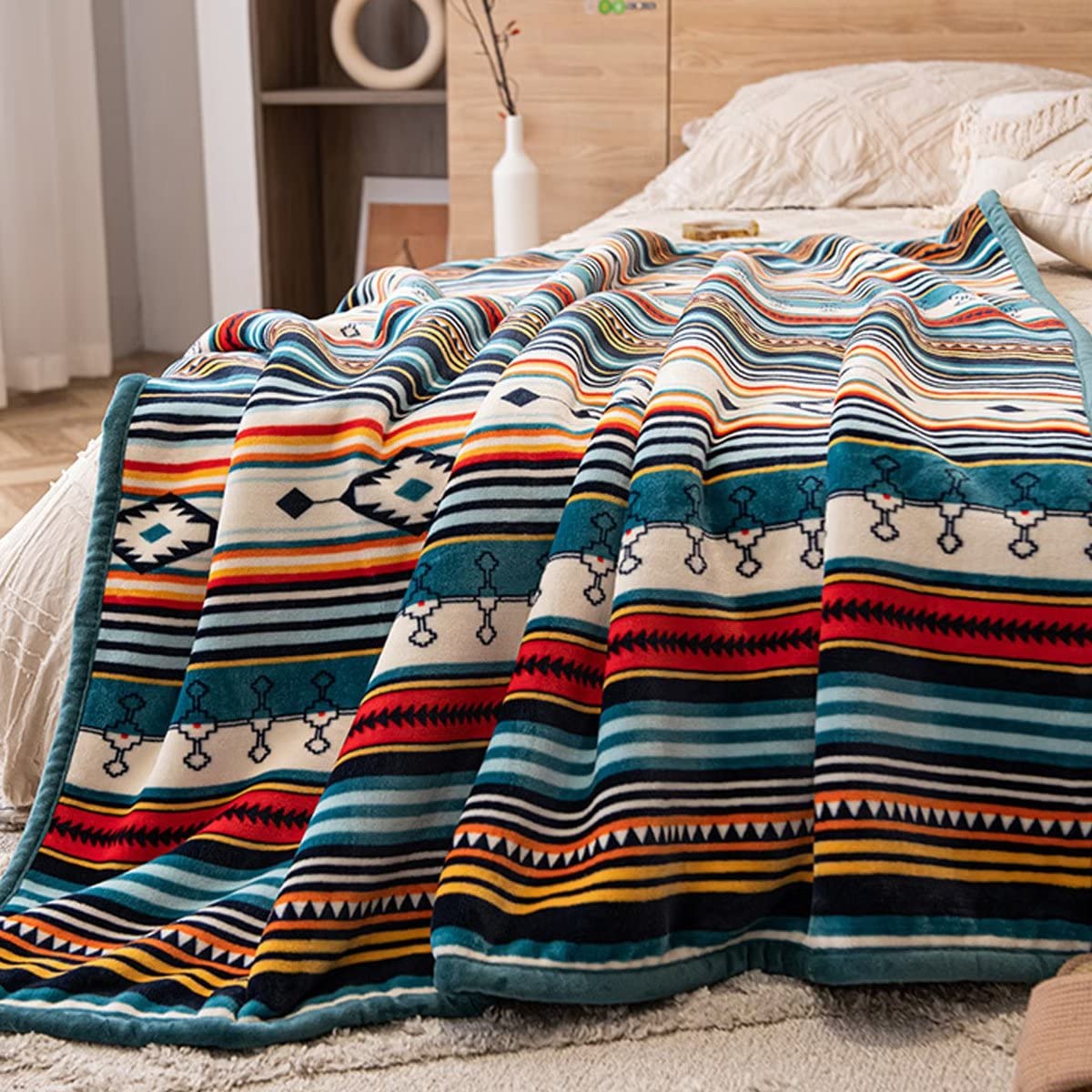COTTEBED Flannel Sherpa Boho Throw Blankets,All Seasons Lightweight Super Soft Cozy Comfy Fluffy Fuzzy,Fleece Bedding Blanket for Bed Sofa Couch Living Room Camping Travel(Bohemia,50x60)