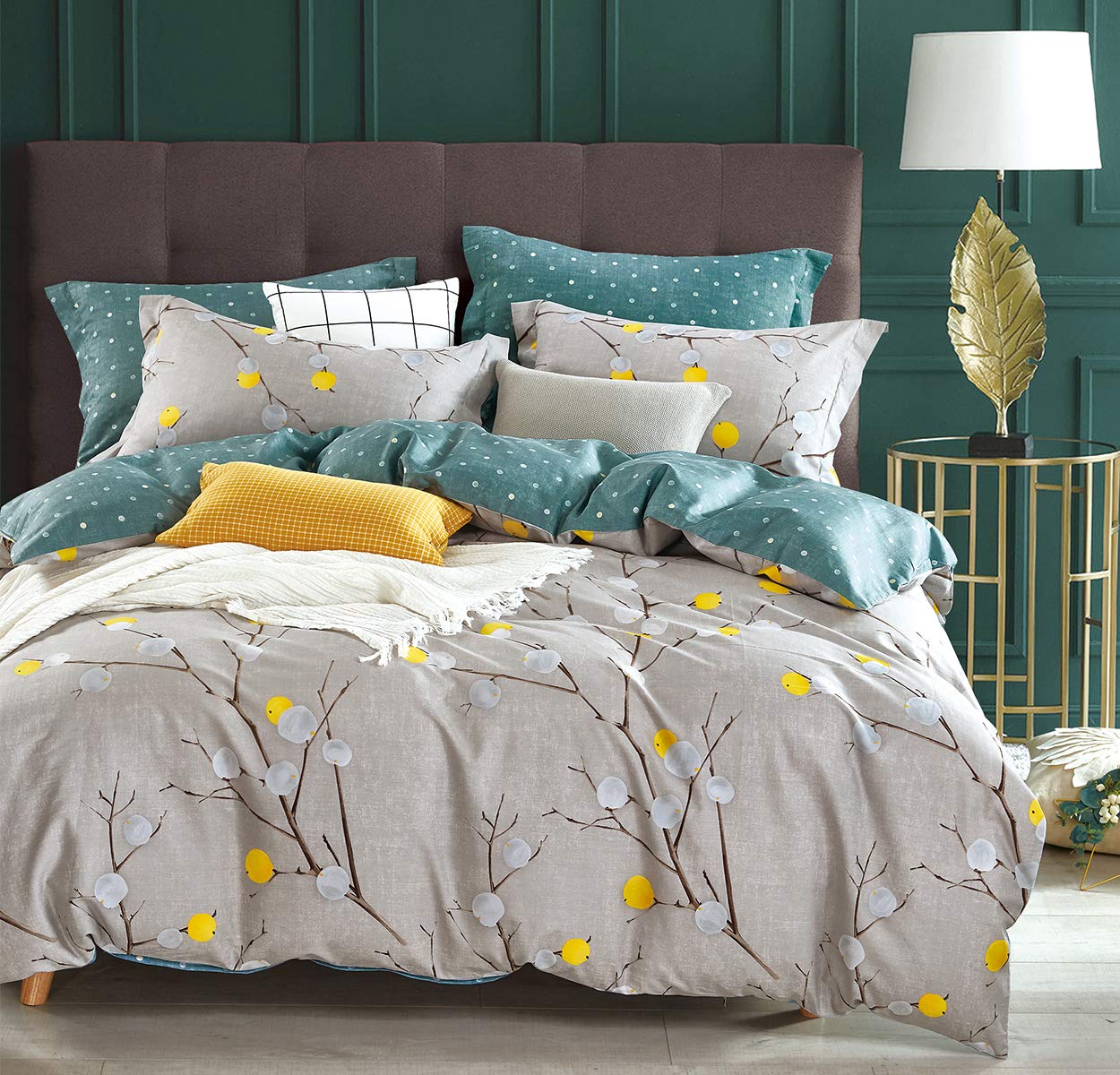 SLEEPBELLA Comforter King Size, 600 Thread Count Cotton Grey Branch with Yellow Turquoise Polka Dot Pattern Green Reversible Comforter Set,Down Alternative Bedding Set 3Pcs(King, Grey Branch)