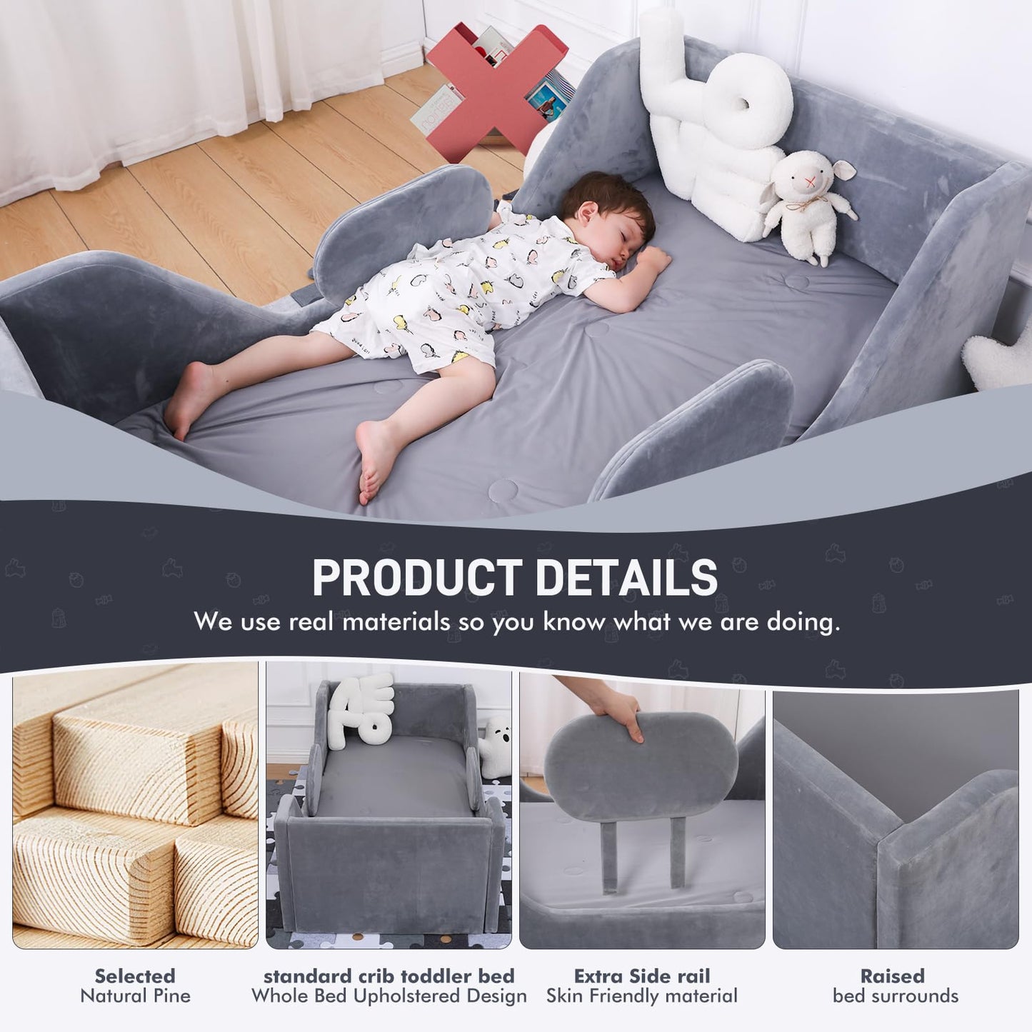 weeonekids Toddler Bed, Child Bed for Kids with Extra Safty Broad, Standard Crib Size Toddler Bed, Certified Fabric Toddler Beds,Toddler Flood Bed (Gray)