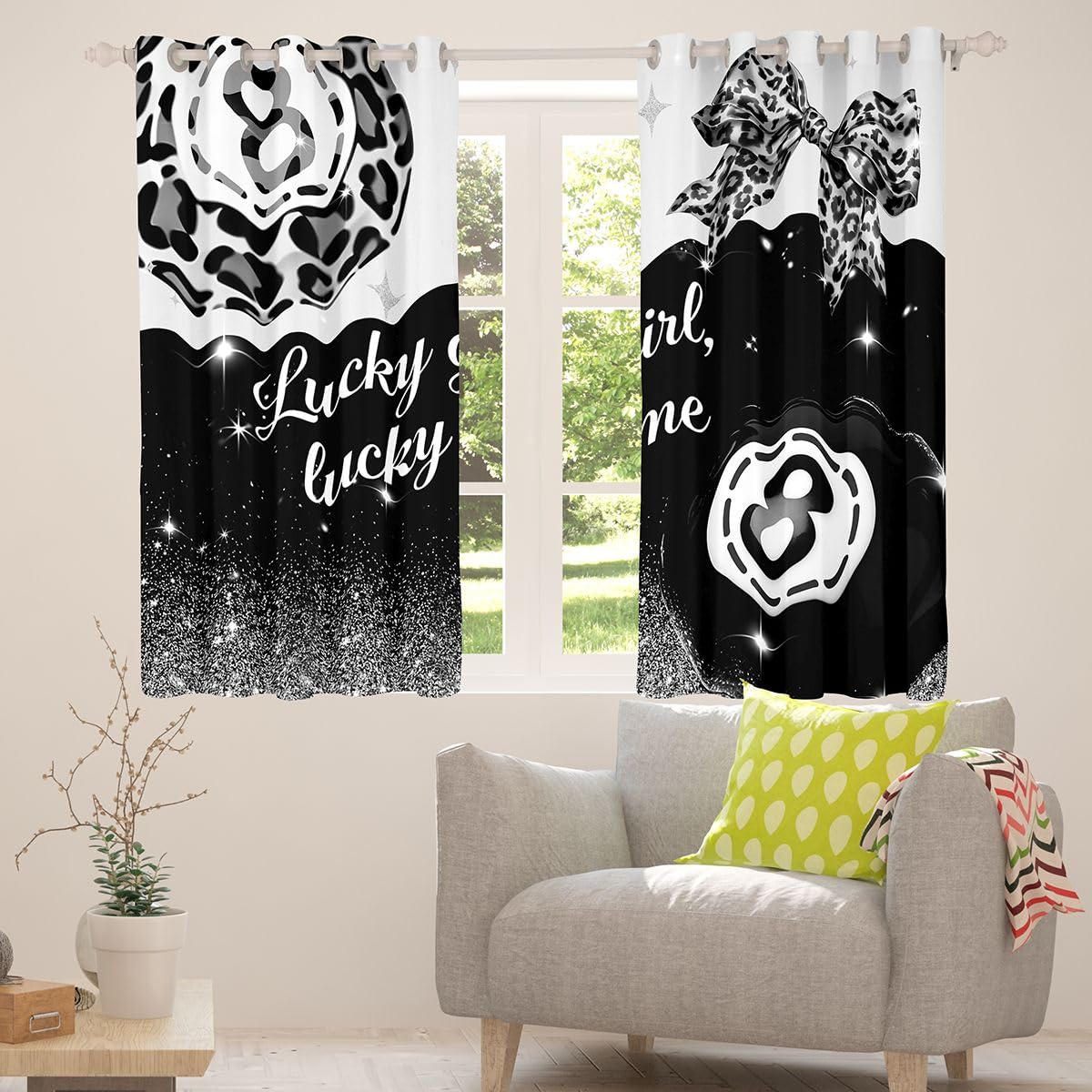 Erosebridal Black Grey Leopard Blackout Curtains for Bedroom Fashion Y2K Lucky 8 Ball Window Curtains 2 Panels 42" Wx63 L Cheetah Print Bow Drapes,Coquette Aesthetic Preppy Window Treatments