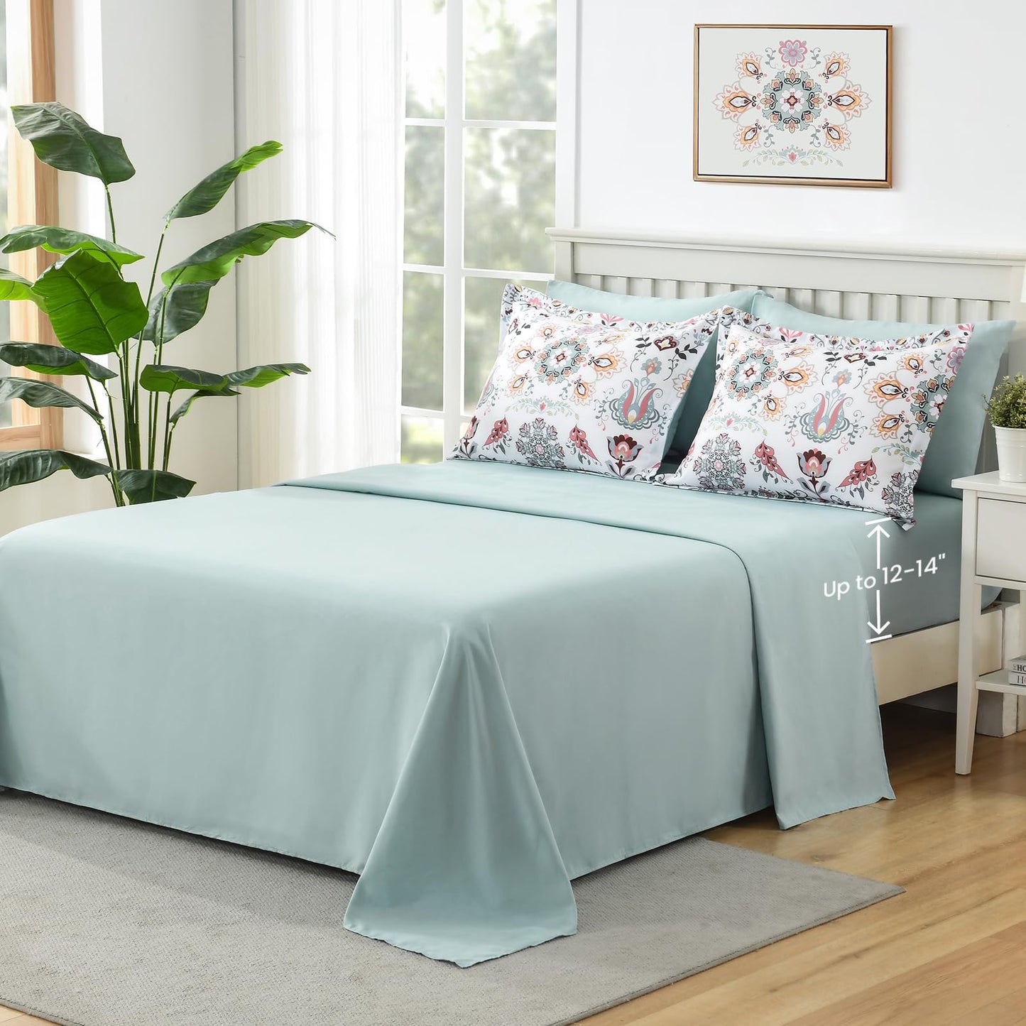 Boho Comforter Set Queen - 7 Pieces Bed in a Bag Floral Design, Bohemian Comforter Set with Sheets, Soft Microfiber Complete Bedding Sets All Season (Light Green, Queen)