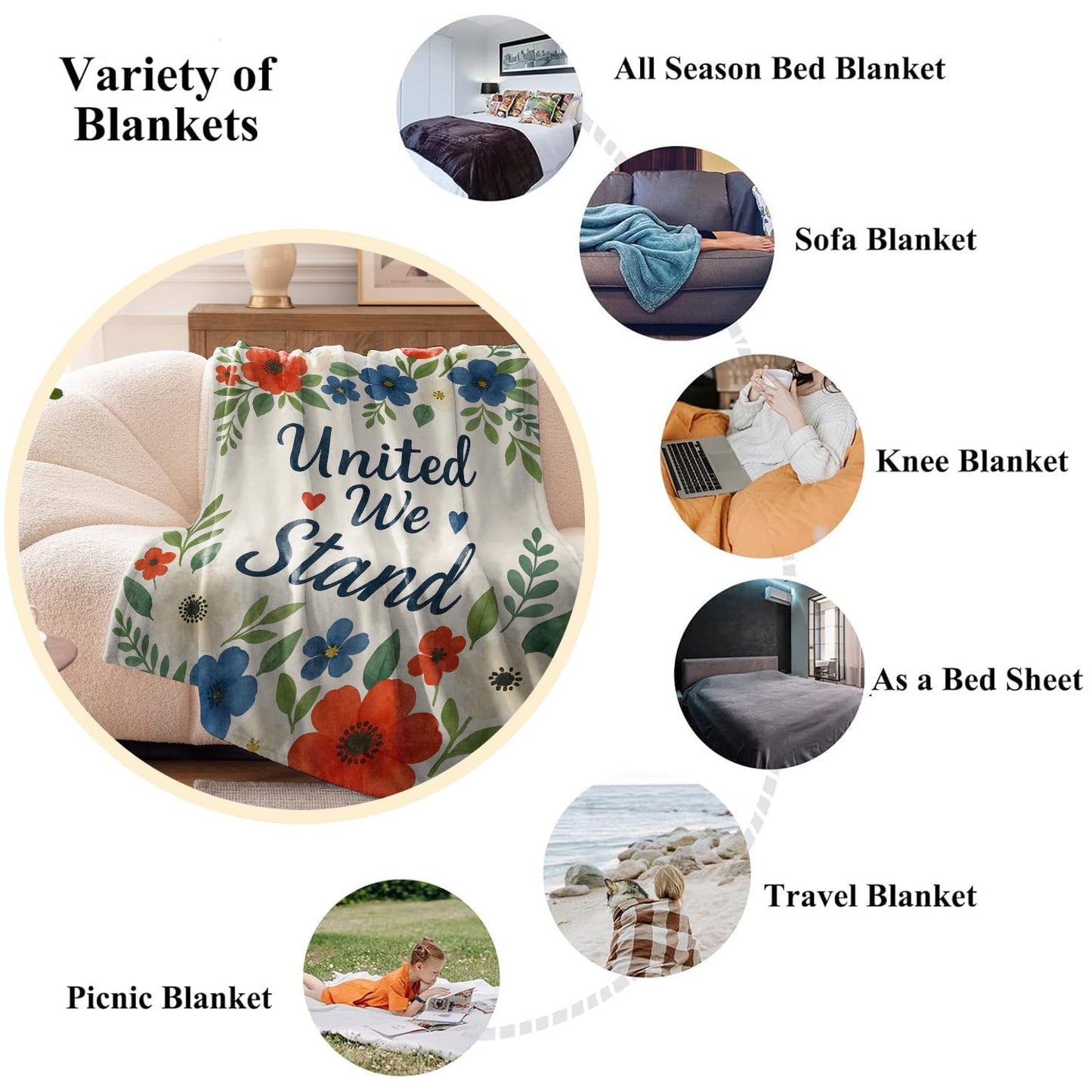 Wanoryer United We Stand Floral Blanket, Comfy & Warm Flannel Red White Blue Flowers Throw Blanket for Couch, Gifts for Women Girls, Soft Lightweight Travel Bed Office Blankets for Decor 50"×60"