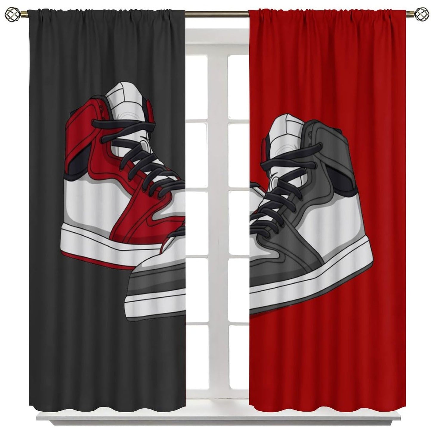 Mchenxin Shoes Boys Curtains, Cool Red Grey Sports Sneaker Footwear Retro Basketball Shoes Print Window Curtains Drapes for Kids Teens Bedroom Living Room, 42x45in (No Blackout)