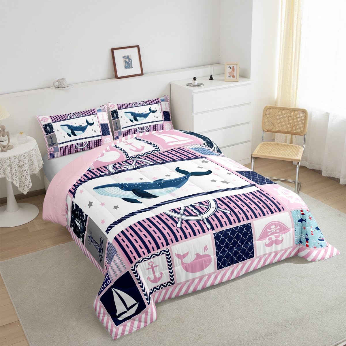 Homewish Nautical Comforter Set Queen Size,Whale Stars Anchor Lighthouse Bedding Set for Women Adult,Pink Grid Stripes Geometric Luxury Bed Duvet Insert, 2 Pillowcases