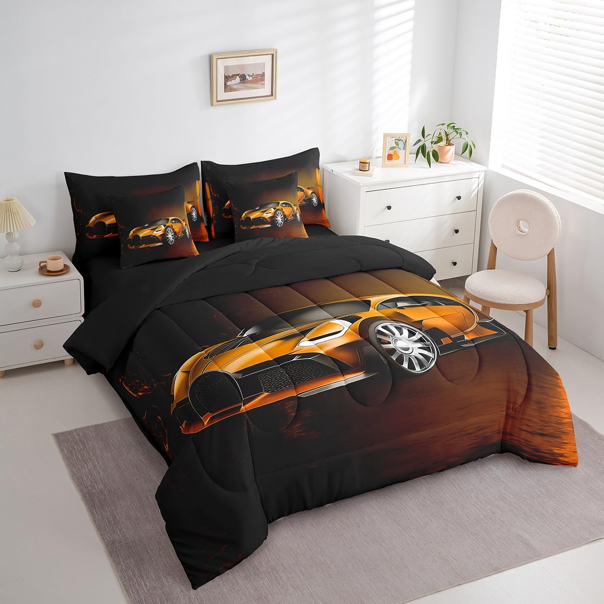 Feelyou Race Car 7 Piece Bedding Set Toddler Twin, Orange Racecar Bed in a Bag for Kids Boys Girls Comforter Set with Sheets Cool Speed Sports Car Bedroom Decor 7 with 1 Pillowcase
