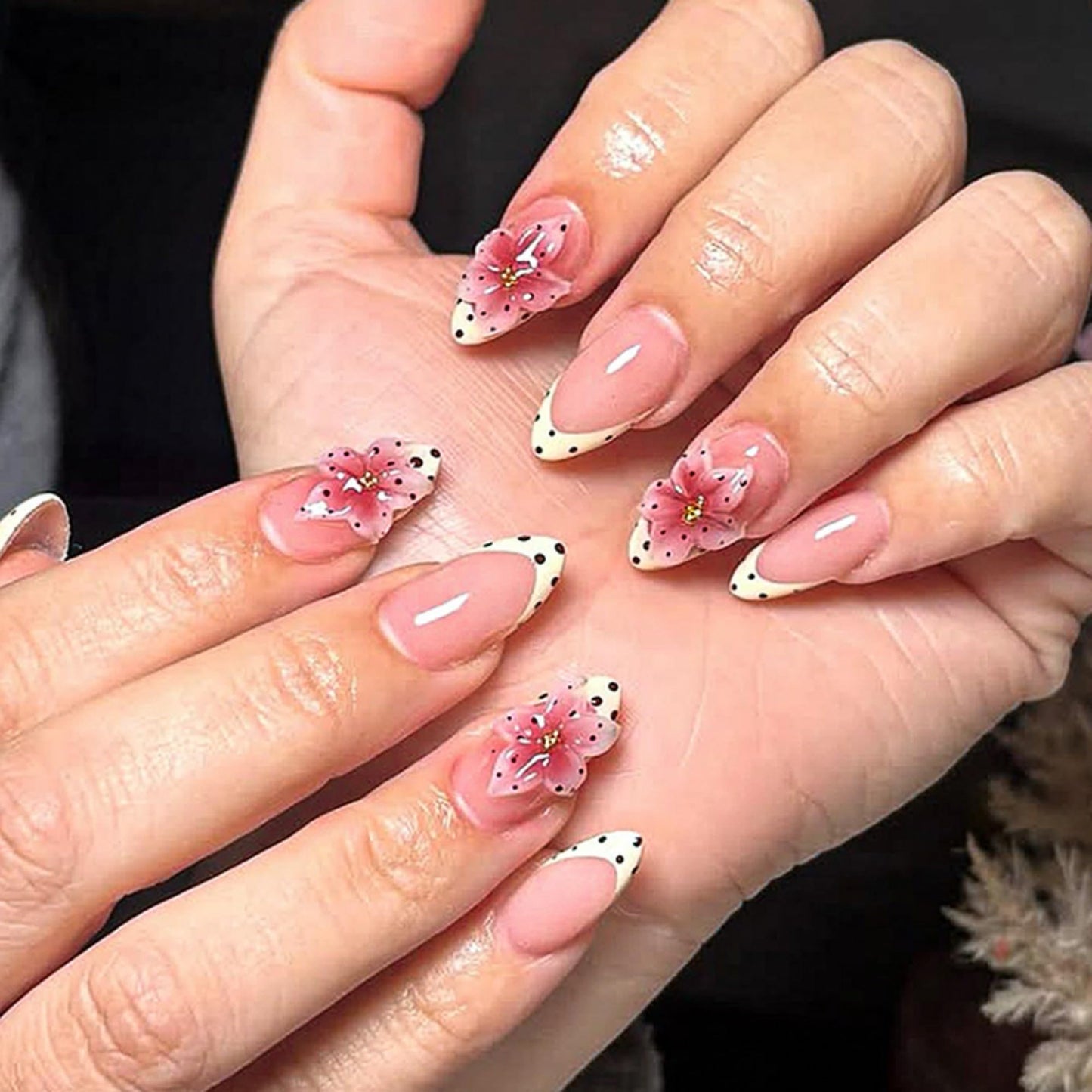 octoswave Press on Nails Almond Shape Medium Length 3D Flower French Tip Pink Fake Nails with Black Polka Dots for Women Girls Party Wedding Prom 30Pcs