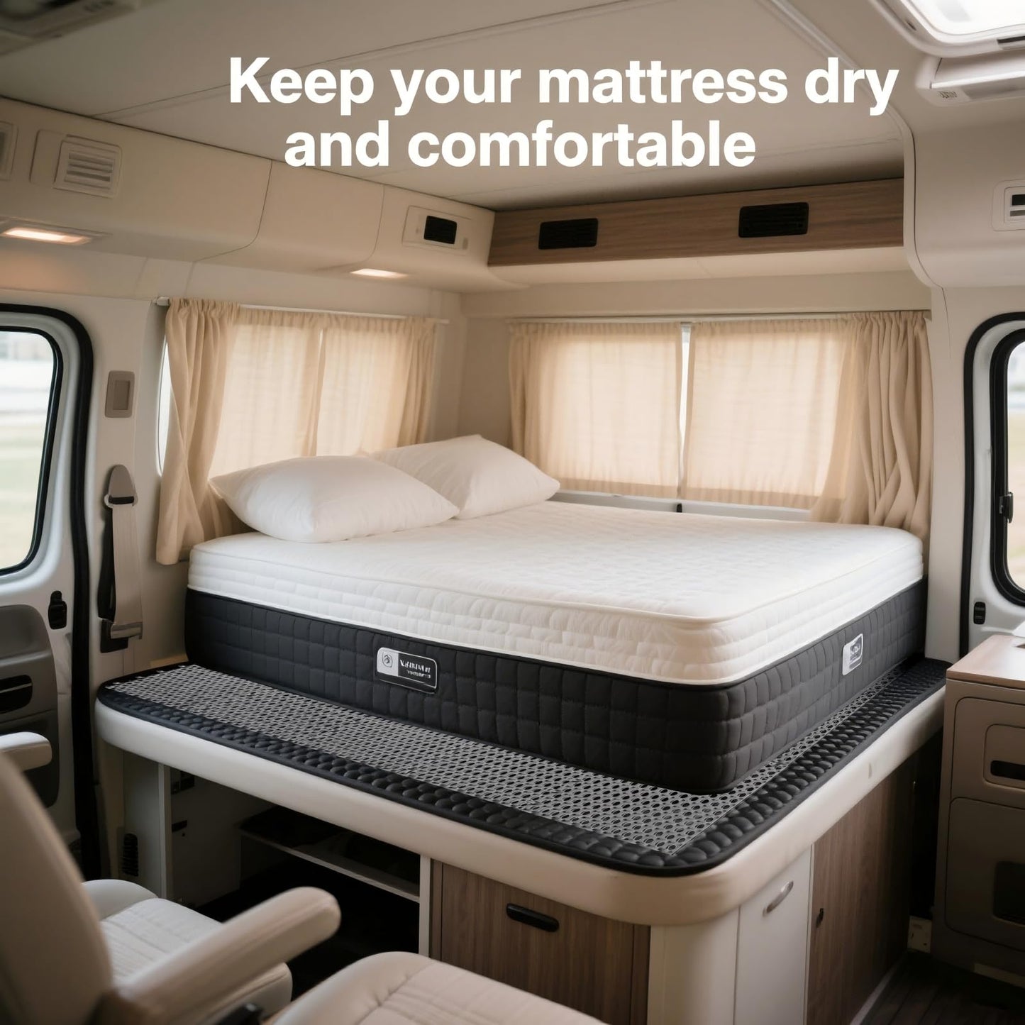 Plastic Ventilated Mattress Underlay Pad for RV Boat Camper- 83"x59" Queen Size Interlocking Modular Non Slip Design, Breathable Mesh RV Under Mattress Ventilation Air-Flow