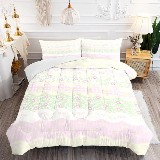 DJNEAR Pastel Floral Bow Comforter Set Twin Size Pink Green Gingham Bedding Sets for Girls Kids Women Bedroom Cute Polka Dot Striped Quilt Room Decor 1 Comforter 1 Pillowcase