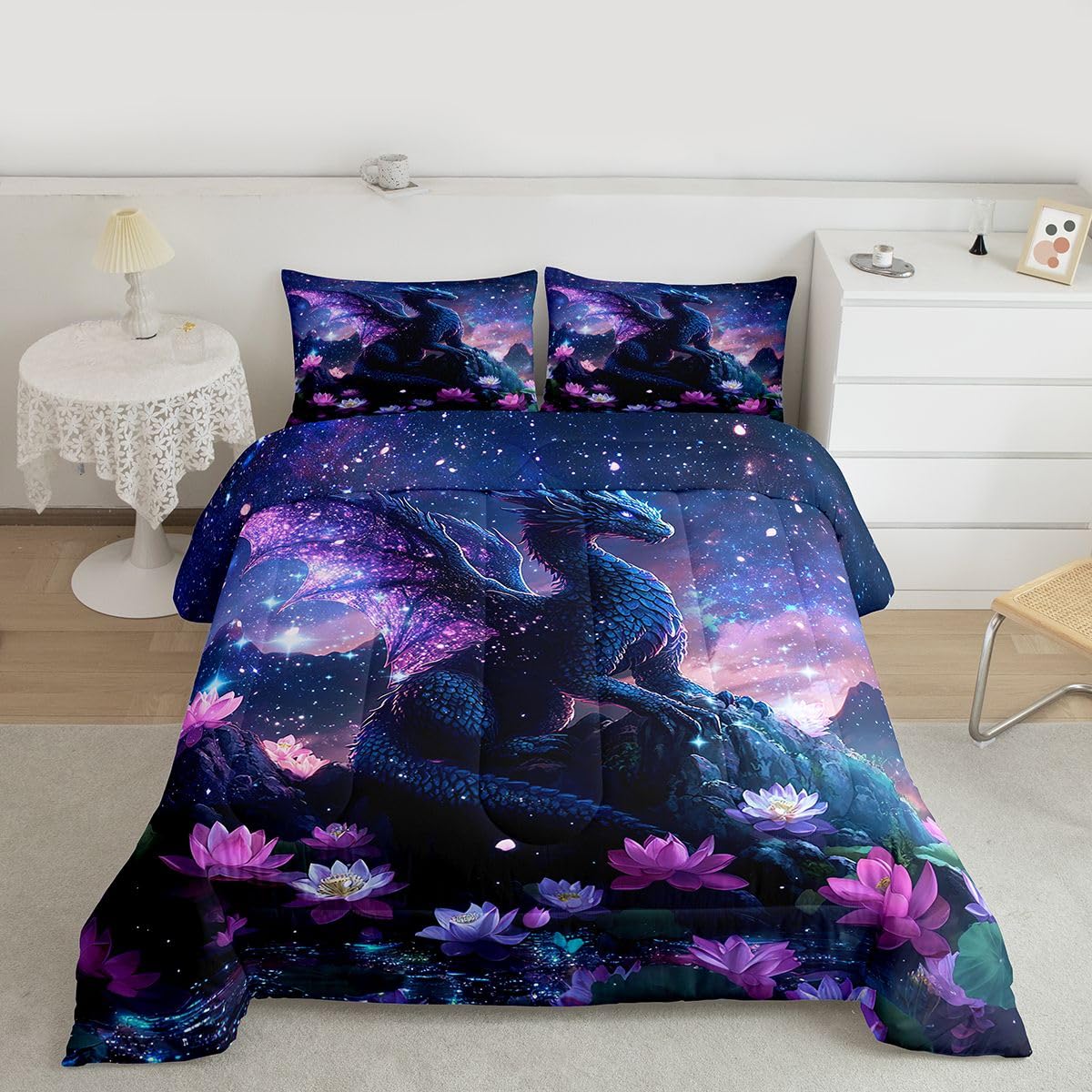 Feelyou Dragon Kids Comforter Set Twin Size Dragon Stuff Bedding Set Wild Life Duvet Quilt for Kids Boys Girls Bedroom Magic Wildlife Decor Blue Purply Ultra Soft Breathable