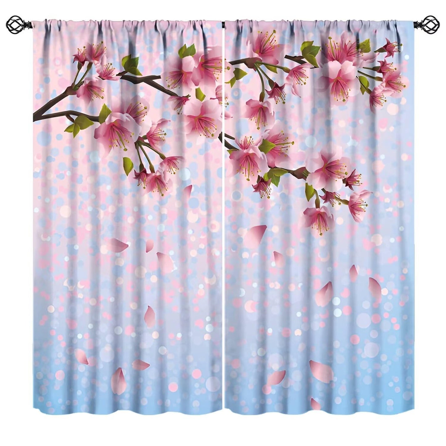 Mchenxin Colorful Spring Flower Curtains for Kitchen, Japanese Cherry Branch Falling Petals Print Window Drapes Curtains for Bedroom Bathroom Cafe, 42x45in (No Blackout)
