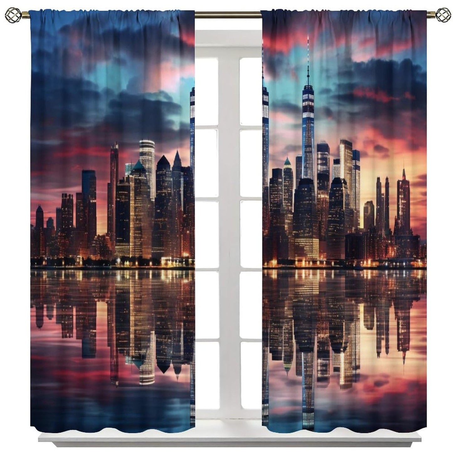 Urban Nightscape Curtains, Colorful Foggy Rosy Clouds Modern City Skyscraper Street Scenery Pattern Window Treatments, Blackout Rod Pocket Drapes For Living Room Bedroom Bathroom Kitchen 42x45in