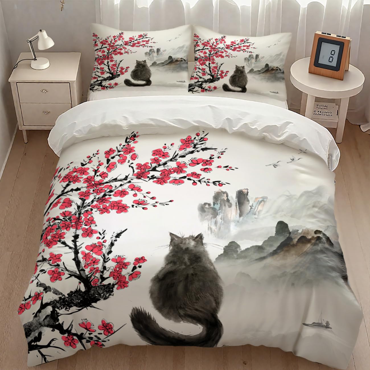 Lnepty Japanese Bedding Set,Retro Orient Traditional Ink Painting Black Cat Red Cherry Blossom Floral Natural Landscape Asian Comforter Set with Pillowcase for Bedroom Bed Decor,Twin 86"x70"