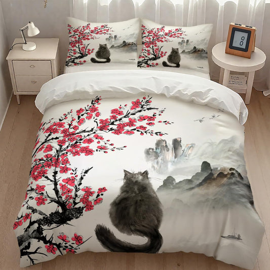 Lnepty Japanese Bedding Set,Retro Orient Traditional Ink Painting Black Cat Red Cherry Blossom Floral Natural Landscape Asian Comforter Set with Pillowcase for Bedroom Bed Decor,Twin 86"x70"