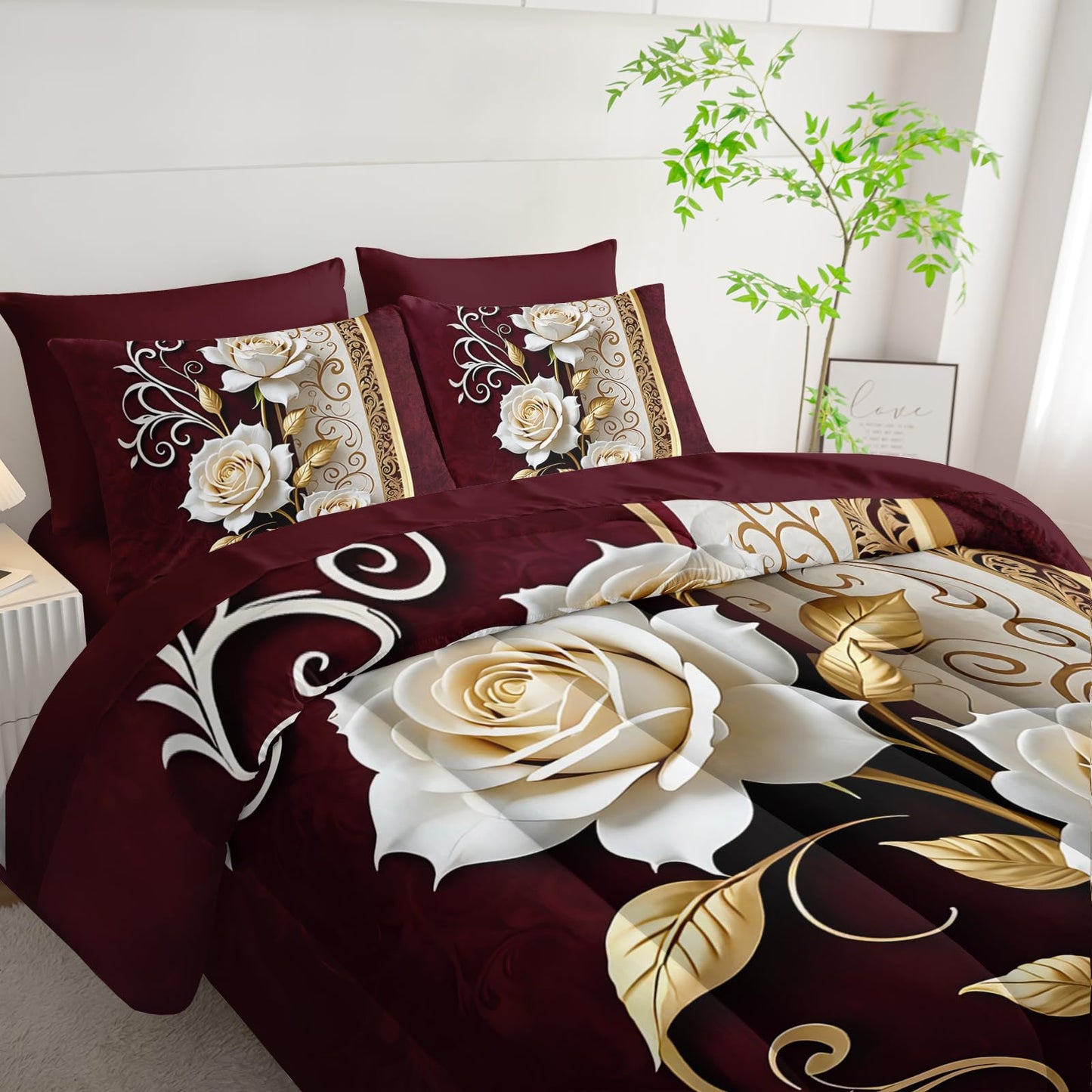 lneffble Red and White Floral Comforter Set Queen Size 7 Piece，Rose Queen Bedding Set，(1 Comforter, 1 Flat Sheet, 1 Fitted Sheet, 2 Pillowcase and 2 Pillow Sham)，White Rose Bedroom Decor