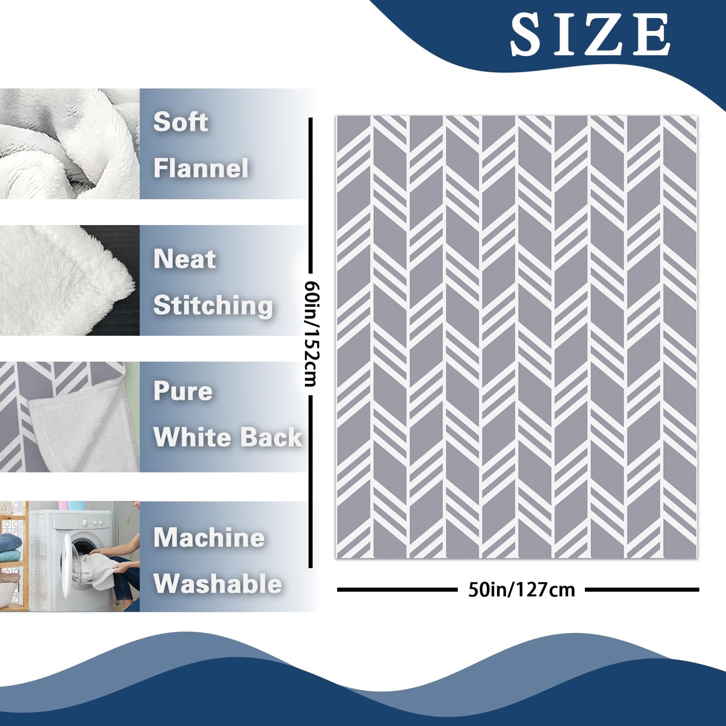 Paayna Grey White Geometric Flannel Throw Blanket, Herringbone Abstract Modern Art Gifts for Kids Men Women, Minimalist Contemporary Soft Blankets for Bedding Sofa 50" x 60"