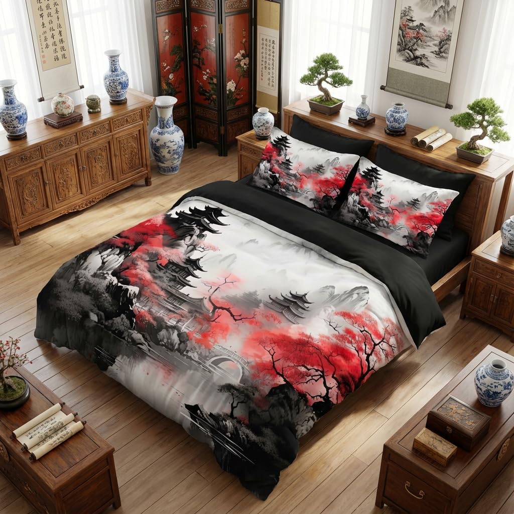 CCoutueChen Asian Chinese Comforter Set Queen Size Japanese Traditional Bedding Set with Watercolor Landscape Painting, 3 Pcs All Season Soft Microfiber Bed Set Black Red