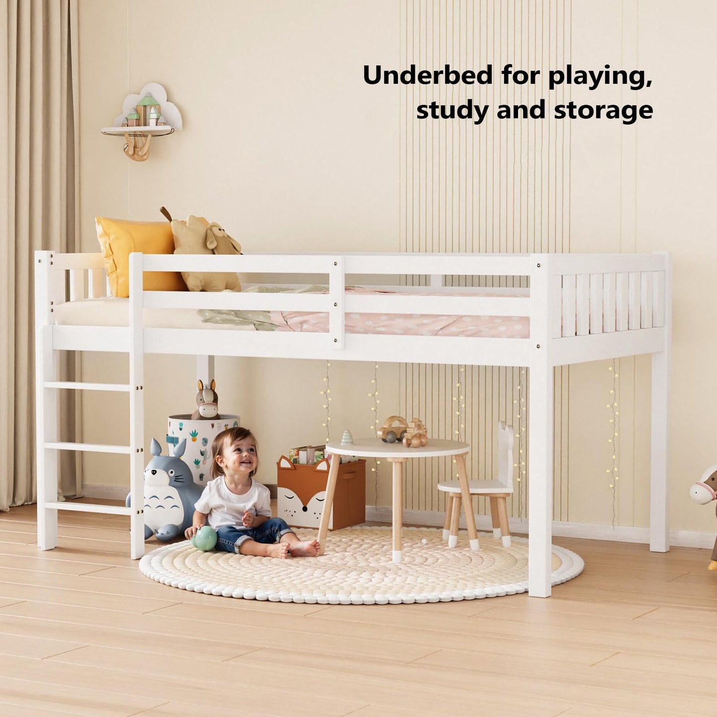 JOYMOR Twin Loft Bed Low Loft Bed Frame for Little Kids Small Room/Low Ceiling Bedrrom with Guardrail and Ladder, White