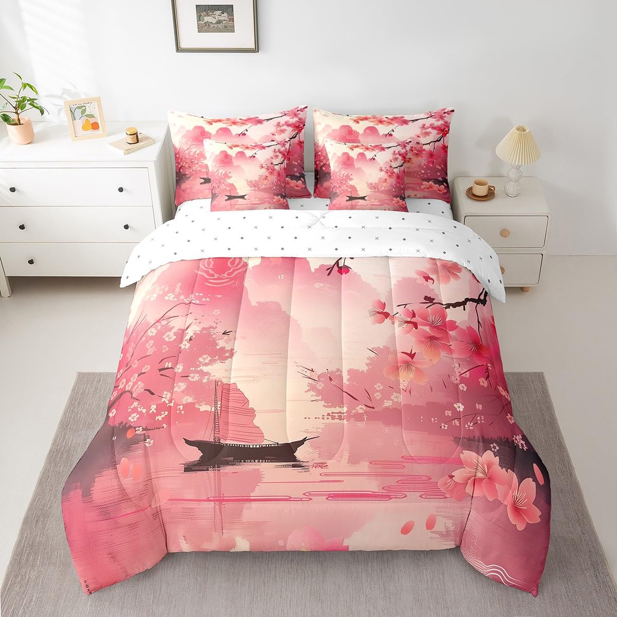 Erosebridal Pink Cherry Blossom Queen Bedding Set 7 Piece,Japanese Style Floral Bed Set for Kids Girls Women,Mountain Theme Oriental Aesthetic Comforter Set with Fitted Sheet,Flat Sheet,Pillowcases