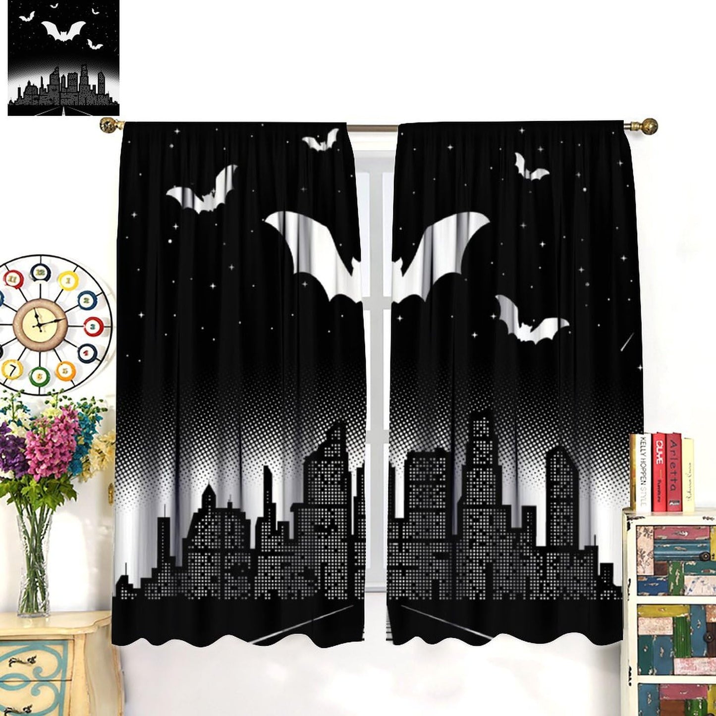 DDCBNS Hero Window Curtains,Comic Art Style Cartoon City Starry Sky Window Treatments for Kids Boys Girls Bedroom Décor Drapes 2 Panel Sets Total Size 42" x 45" Black White