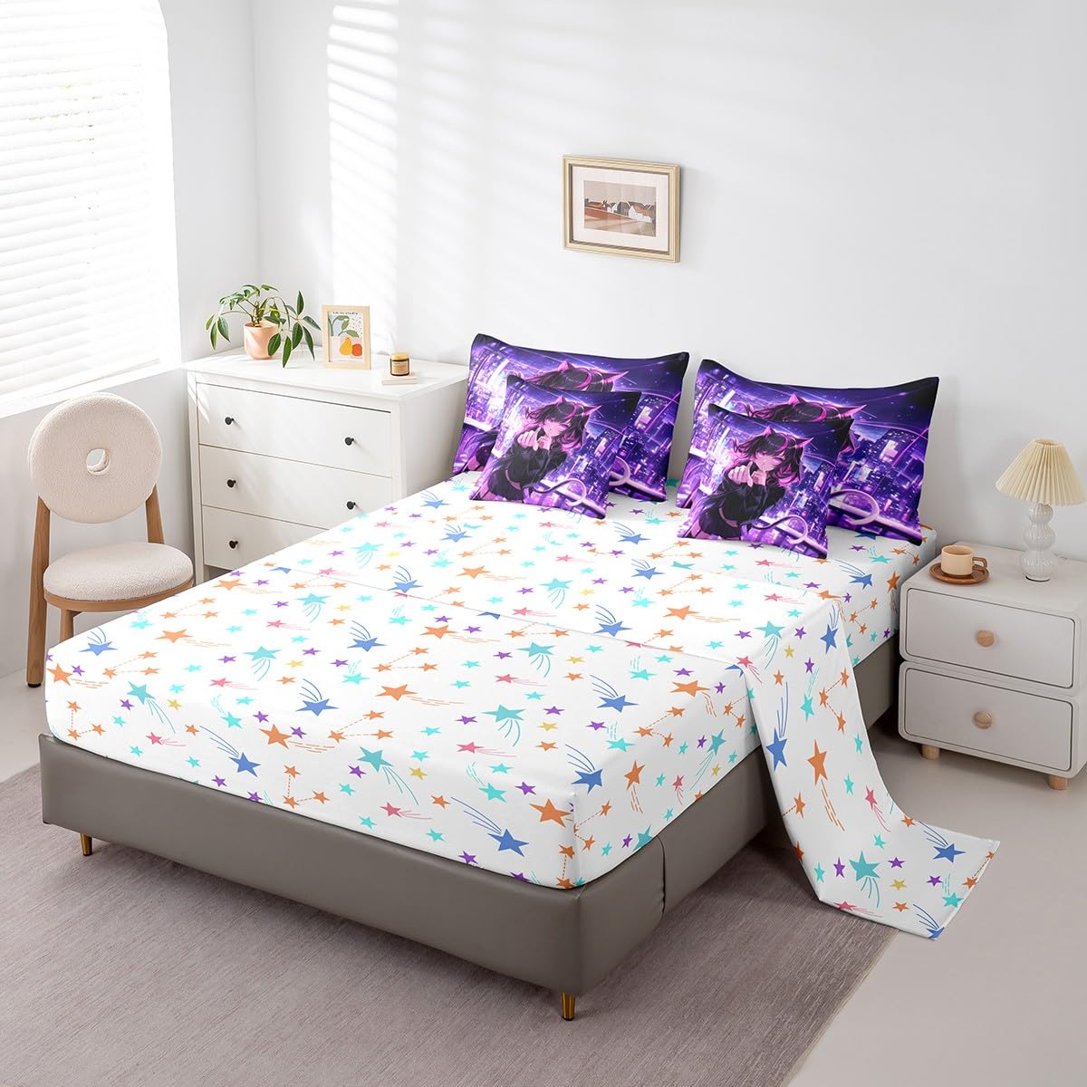 Erosebridal Kids Anime Girl Queen Comforter Set 7 Piece, Japanese Anime Bed in A Bag, Cartoon Girl Bedding Comforter Sets for Boys Teens Bedroom Decor, Kawaii Japanese Animation Bed Set