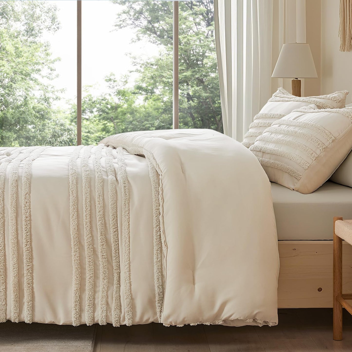 BEDELITE Boho Comforter Set Queen Size, Beige Tufted Boho Bed Set 3 Pieces, Soft & Lightweight Comforter for All Seasons, Jacquard Farmhouse Bedding Set with 2 Pillow Shams