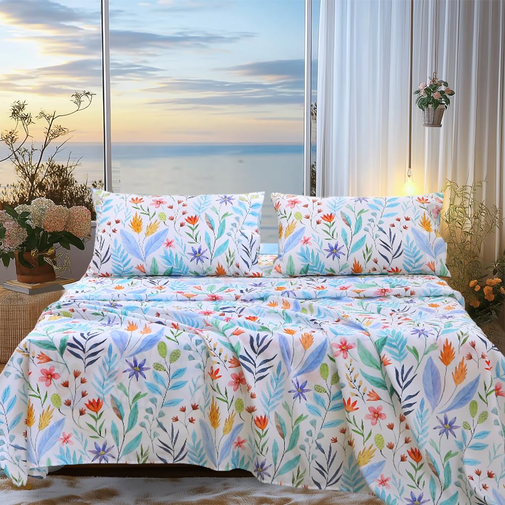 MUXHOMO Full Size 4 Piece Sheet Set, Soft & Breathable Sheet for Bedroom with Deep Pocket Up to 16", Wrinkle-Free & Cooling Bed Sheet with Flat Sheet, Fitted Sheet & Pillowcases - Colorful Leaves