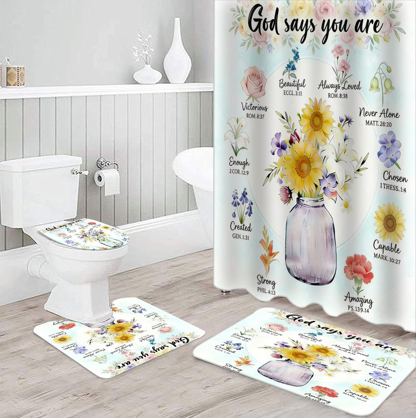 NEWSUYAA 4 Pcs Sunflower Floral Shower Curtains, God Says You are Christian Bathroom Set with Non-Slip Rugs, Inspirational Bible Verse Bath Decor Gift, Waterproof Flowers Curtains with Hooks (Teal)