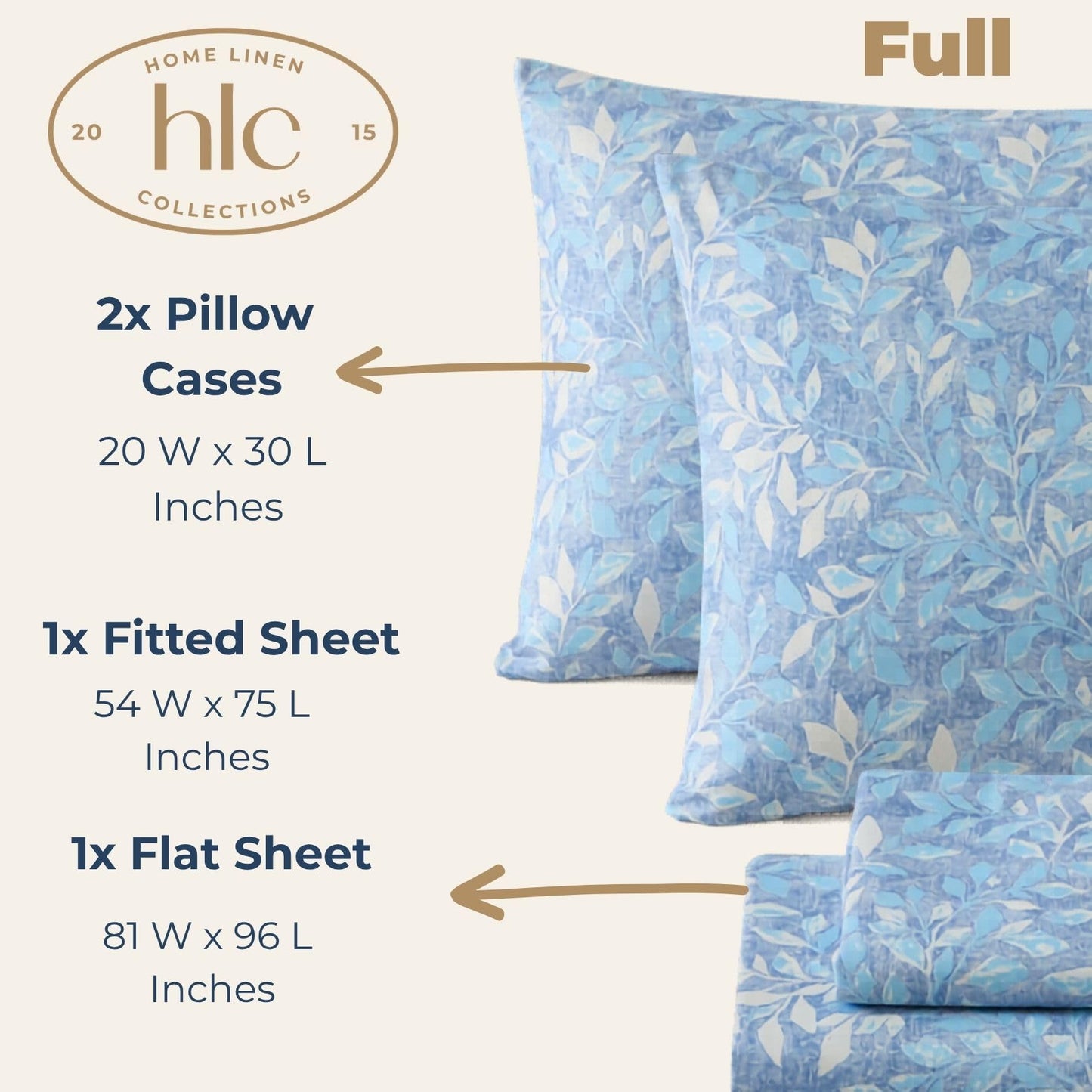 HLC.ME Leaves Printed - Floral Bed Sheets - Botanical Patterned Bed Sheet Set - Wrinkle Resistant & Ultra Soft - Fits Mattresses up to 15 Inches Deep (Full Size, Blue)