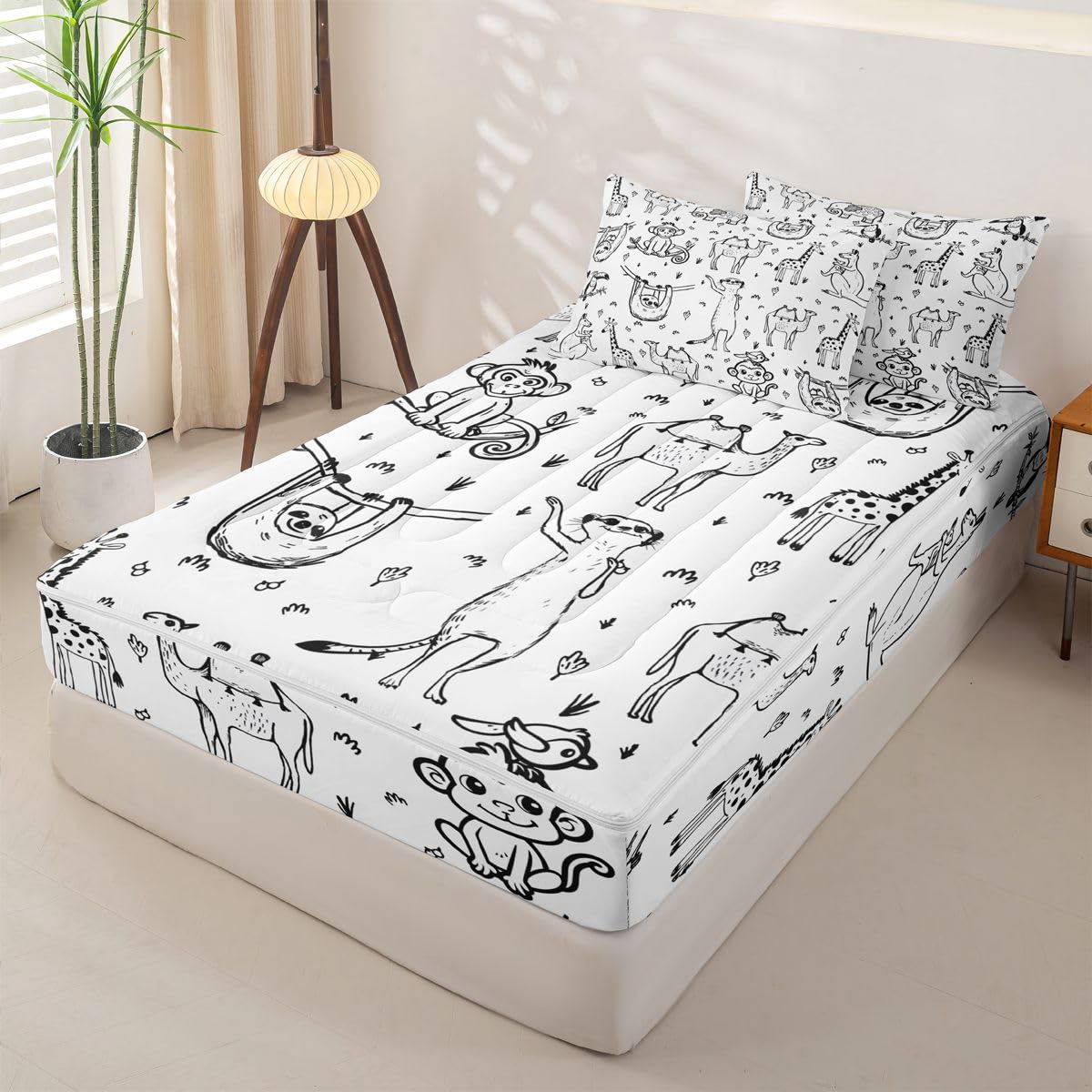 Erosebridal Cartoon Animals Zippered Bedding Set Twin Sketch Style Sloth Monkey Wildlife Comforter Set Cute Zoo Animals Bed in a Bag Giraffe Wildlife Zipper Quilt Fitted Sheet,2 Pillowcases