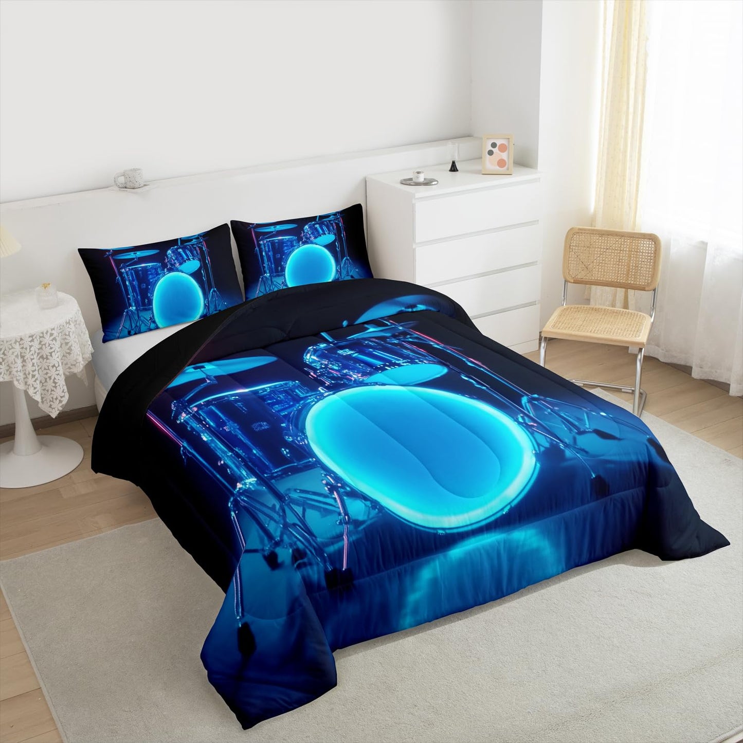 Erosebridal 3D Drum Kit Kids Comforter Sets Blue Light Drum Kit Queen Bedding Set for Boys Girls Rock Musical Instrument Comforter Set,Rock Music Theme Quilt Duvet 3 Pcs