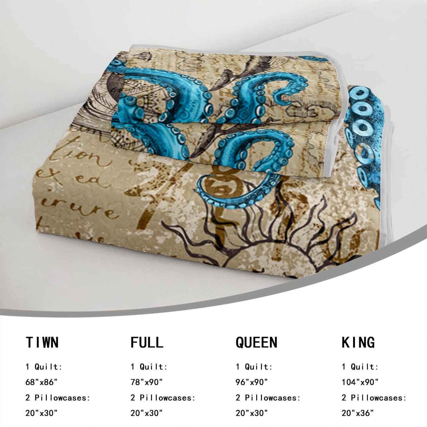 AILONEN Ocean King Bedspread Coverlet,Blue Octopus Nautical Vintage Map Theme Bedding Quilt,2 Pillowcases,Lightweight Microfiber